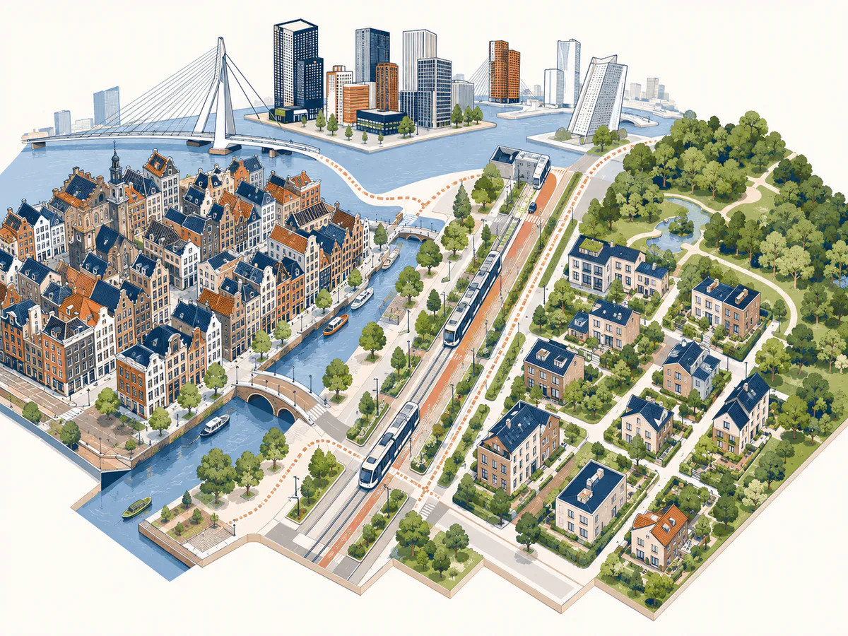 Conceptual Rotterdam centre comparison showing historic streets, a transit corridor and a greener residential edge