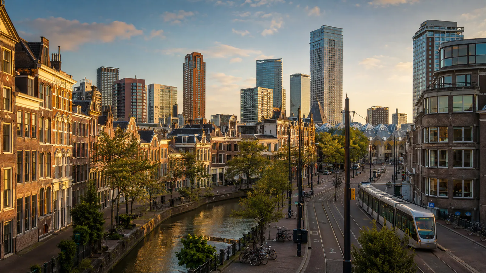 Rotterdam city centre with canal-side homes, trams, bicycles and modern towers