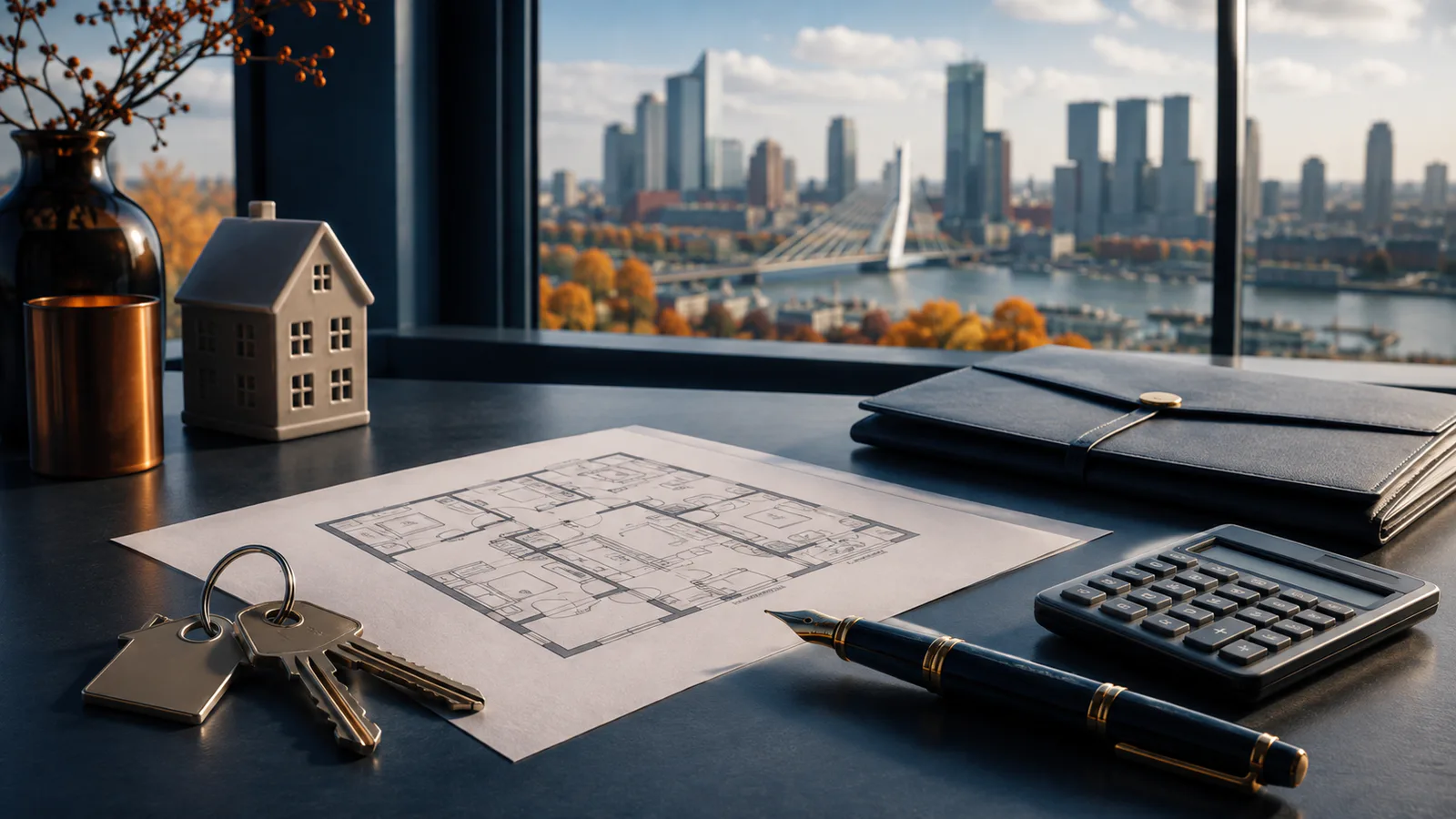 House keys, a floor plan and a notary folder on a desk overlooking Rotterdam