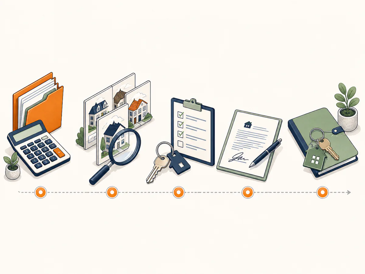 Visual sequence from budget and search to viewing, offer and keys for a Rotterdam home purchase