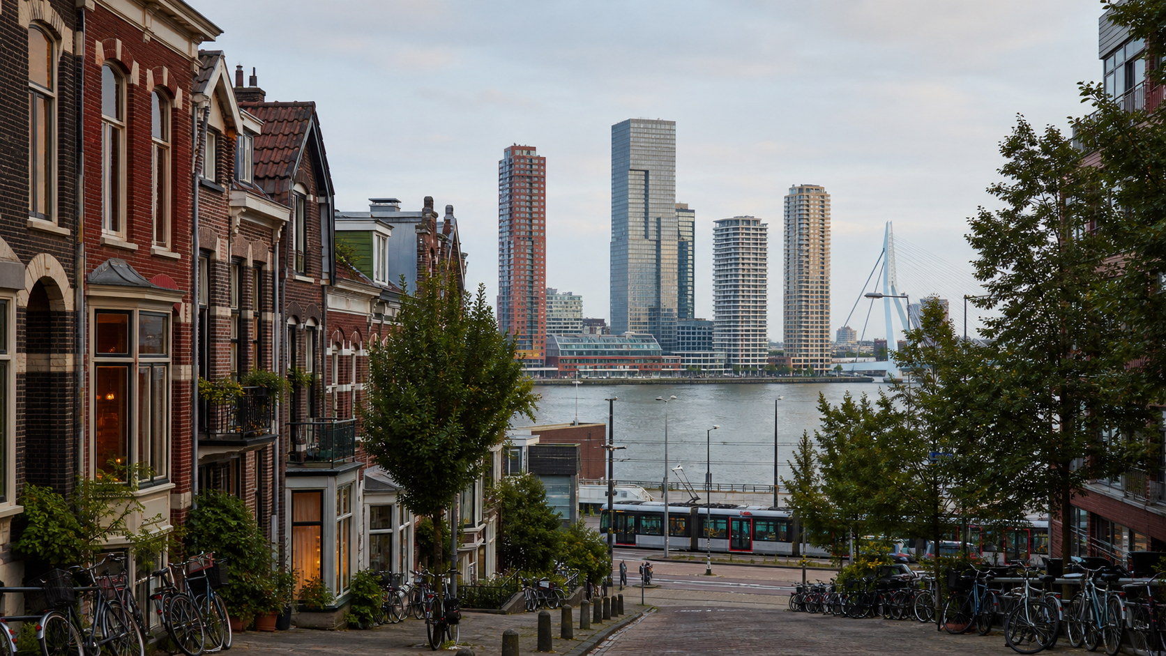 A Rotterdam residential street leading toward the river, skyline and Erasmus Bridge
