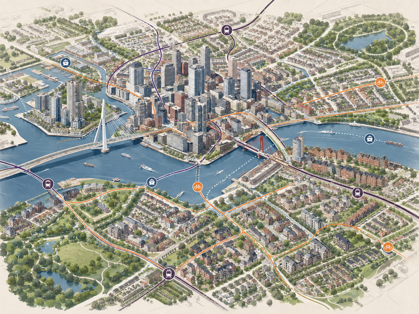 Conceptual Rotterdam map showing the city centre, residential districts, transport connections and green or waterfront space